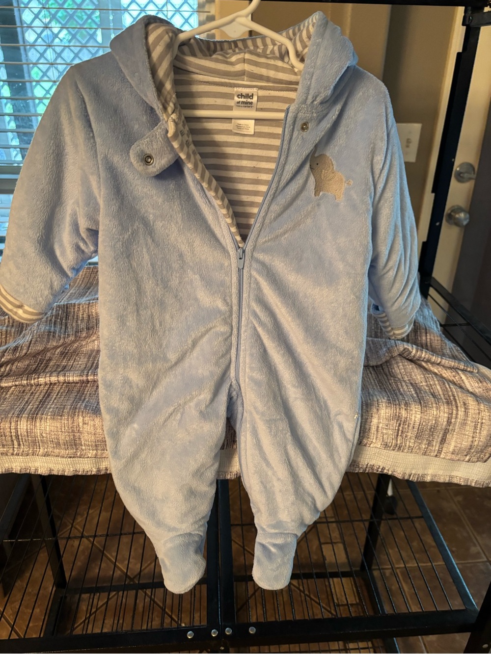 child of mine Soft Light Blue Plush Hooded Footed One-Piece with Whale